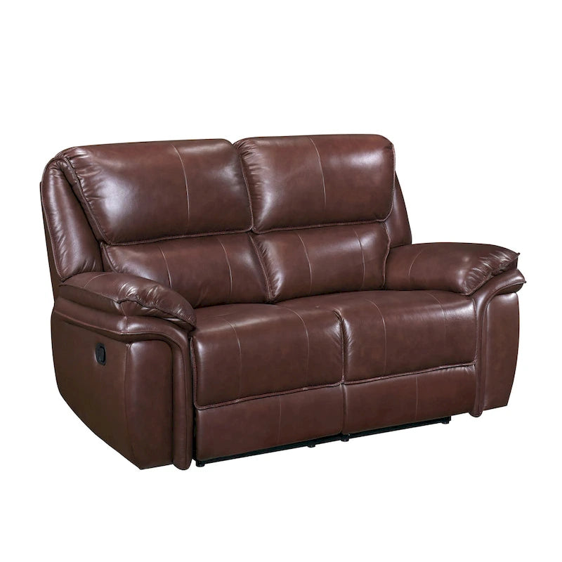 Brown Top Grain Leather Manual Recliner Loveseat Plush Pillow Armrest Wood Frame