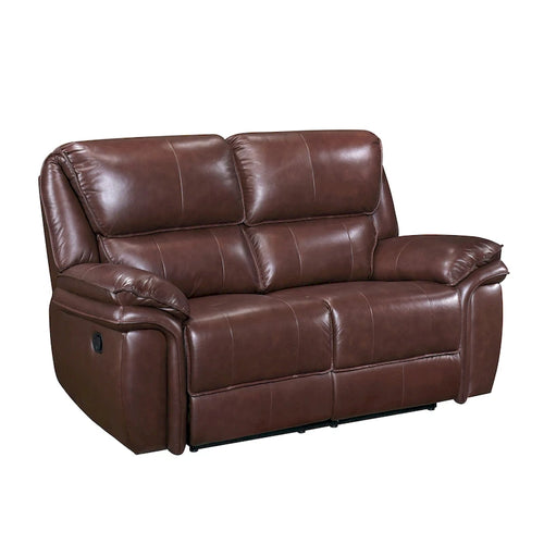 Causeuse inclinable manuelle en cuir véritable marron avec accoudoirs rembourrés et cadre en bois