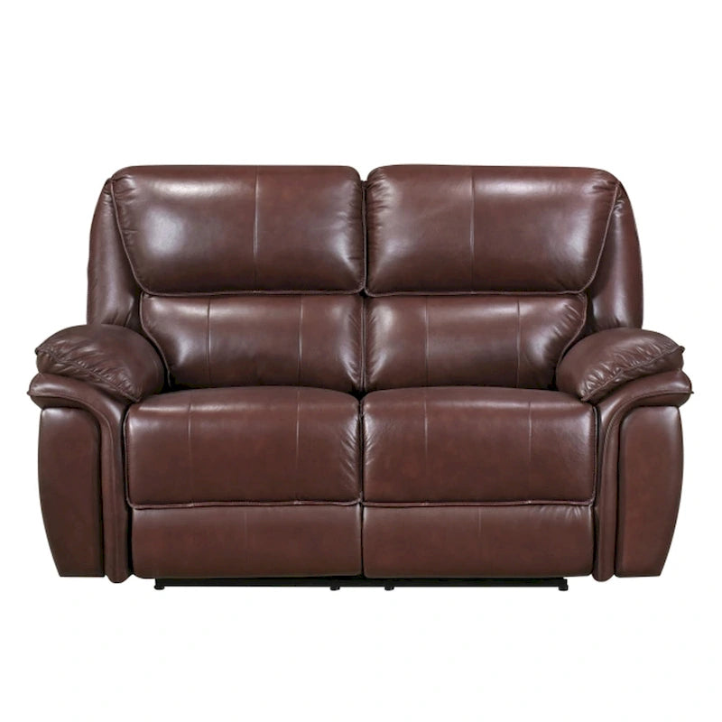 Brown Top Grain Leather Manual Recliner Loveseat Plush Pillow Armrest Wood Frame