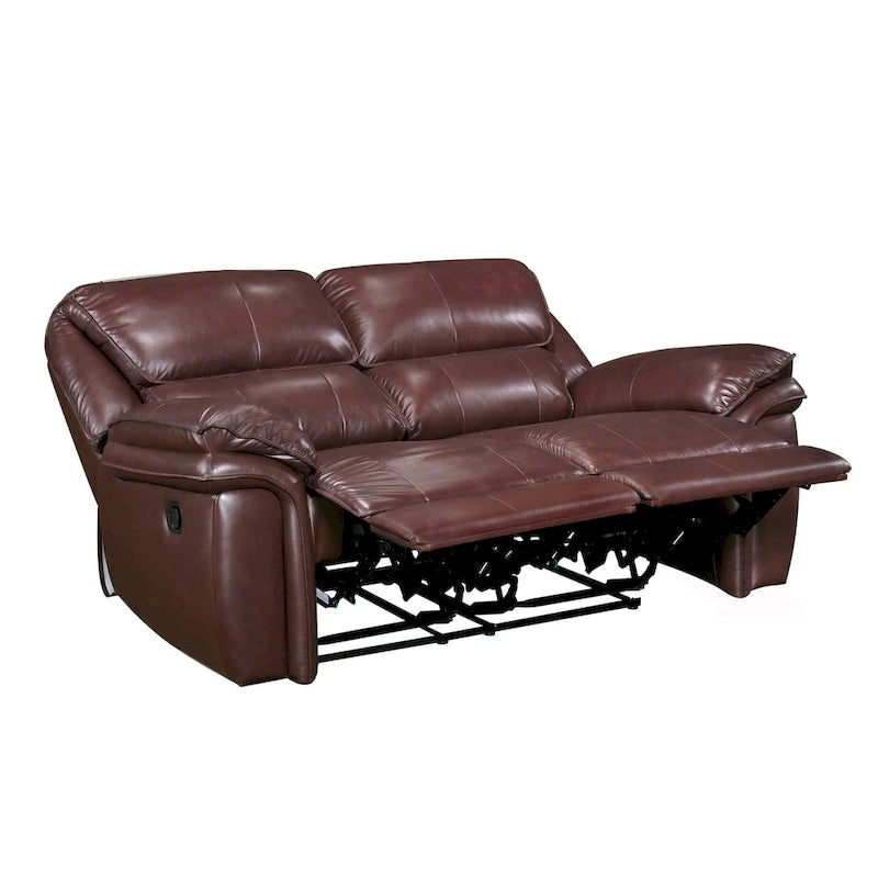Brown Top Grain Leather Manual Recliner Loveseat Plush Pillow Armrest Wood Frame