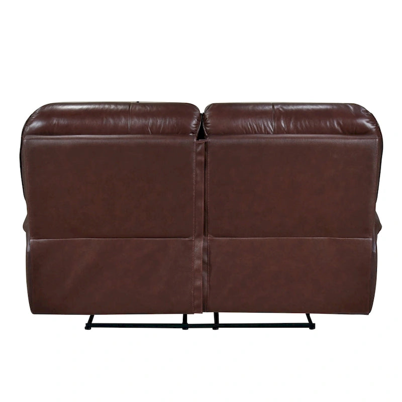 Brown Top Grain Leather Manual Recliner Loveseat Plush Pillow Armrest Wood Frame