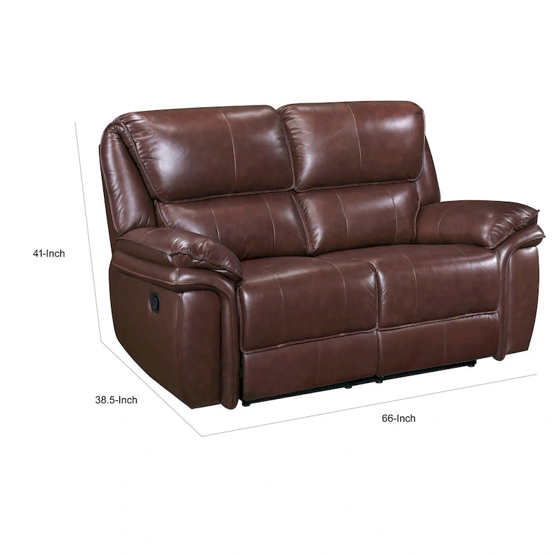 Brown Top Grain Leather Manual Recliner Loveseat Plush Pillow Armrest Wood Frame
