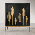 Mid-Century Modern Black Wood 2-Door Accent Cabinet with Gold Leaf Decor