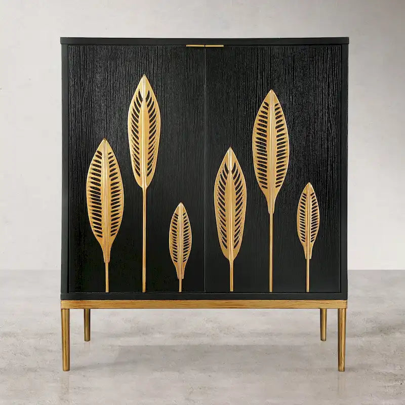 Mid-Century Modern Black Wood 2-Door Accent Cabinet with Gold Leaf Decor