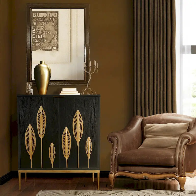 Mid-Century Modern Black Wood 2-Door Accent Cabinet with Gold Leaf Decor