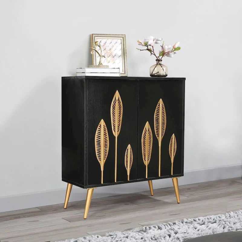 Mid-Century Modern Black Wood 2-Door Accent Cabinet with Gold Leaf Decor