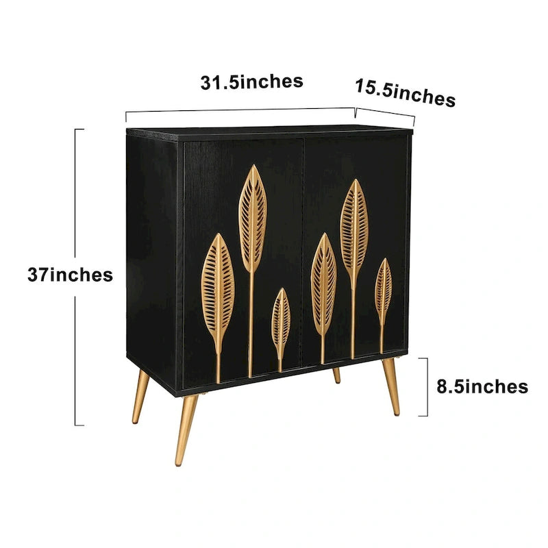 Mid-Century Modern Black Wood 2-Door Accent Cabinet with Gold Leaf Decor