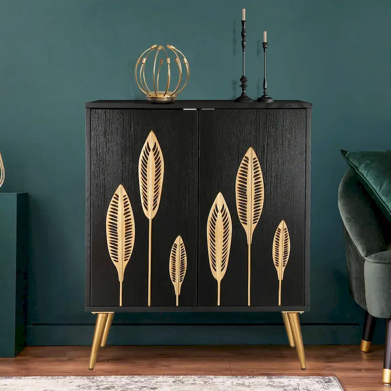 Mid-Century Modern Black Wood 2-Door Accent Cabinet with Gold Leaf Decor