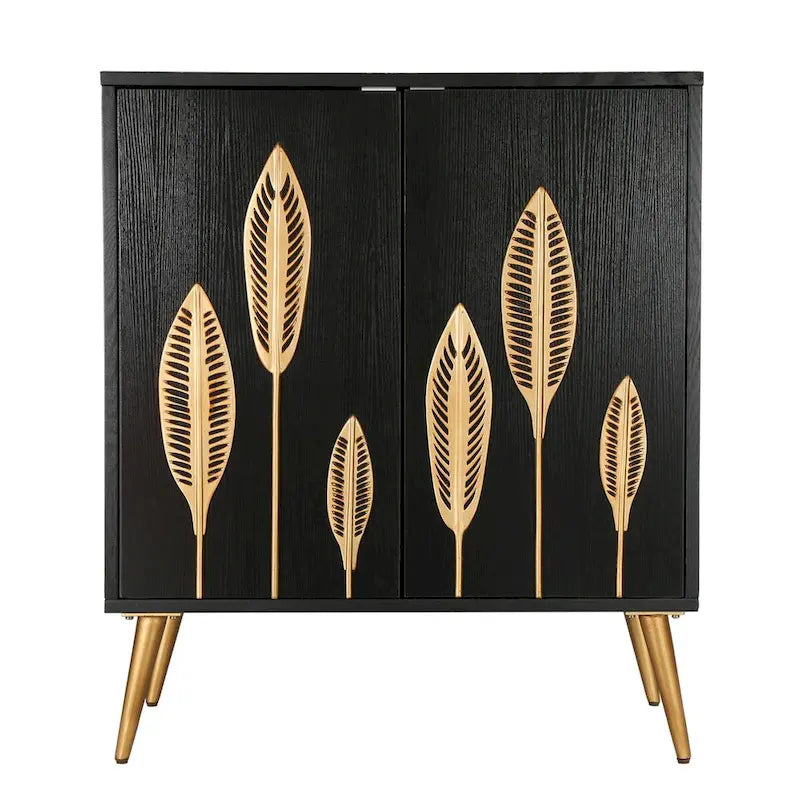 Mid-Century Modern Black Wood 2-Door Accent Cabinet with Gold Leaf Decor