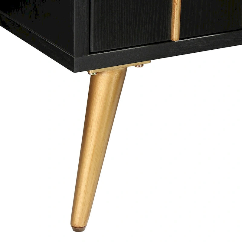 Mid-Century Modern Black Wood 2-Door Accent Cabinet with Gold Leaf Decor