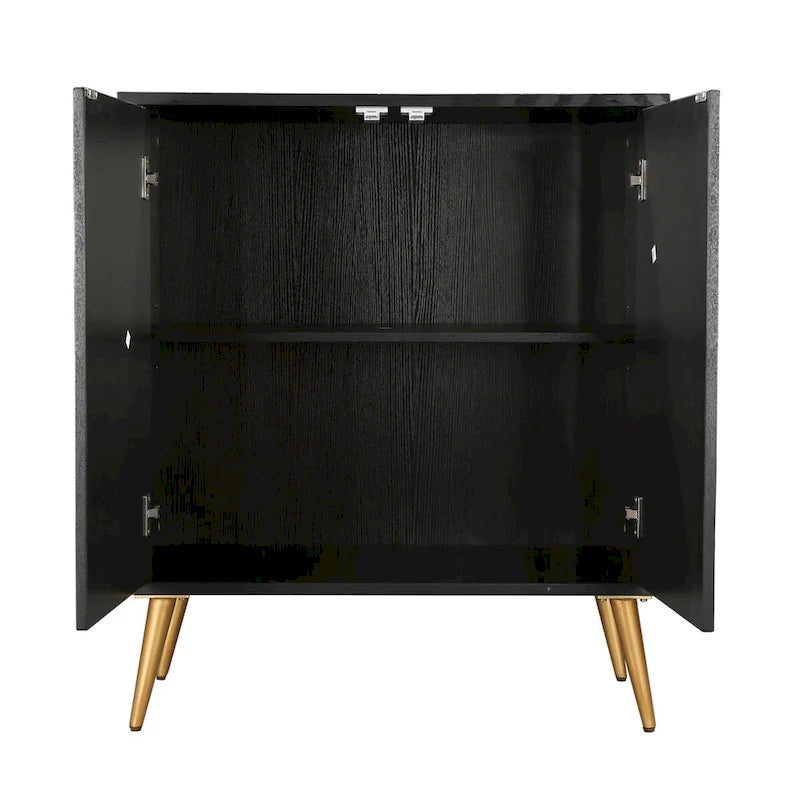 Mid-Century Modern Black Wood 2-Door Accent Cabinet with Gold Leaf Decor