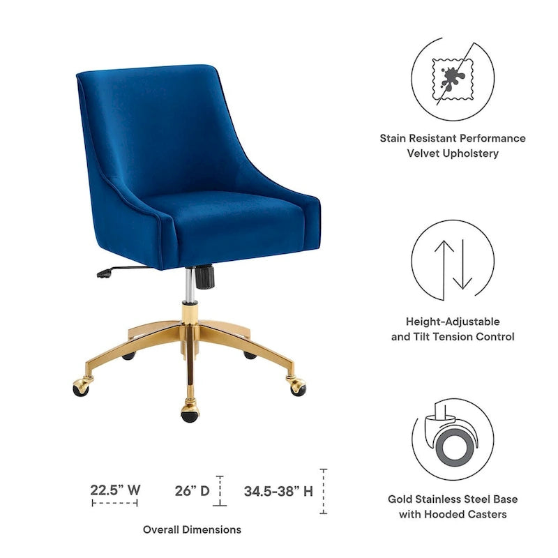 Velvet Swivel Office Chair with Gold Base and Adjustable Height