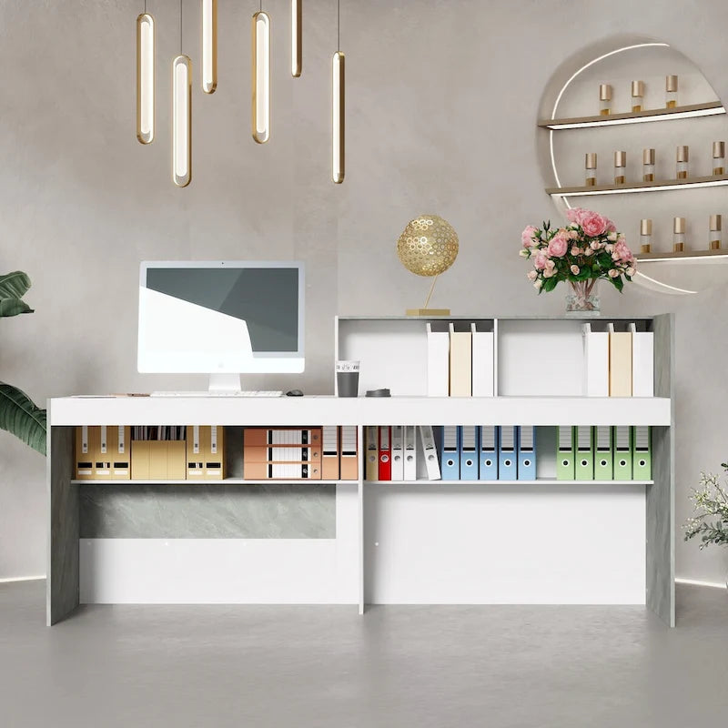 White Marble Reception Desk with Computer Surface and Storage Shelves