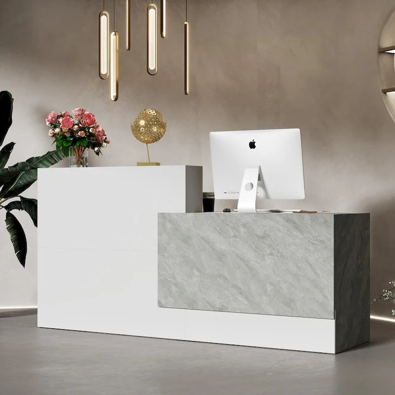 White Marble Reception Desk with Computer Surface and Storage Shelves