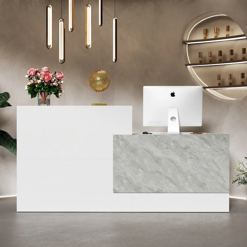 White Marble Reception Desk with Computer Surface and Storage Shelves