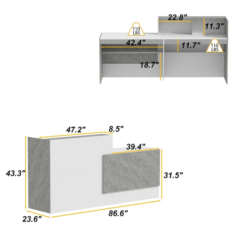 White Marble Reception Desk with Computer Surface and Storage Shelves