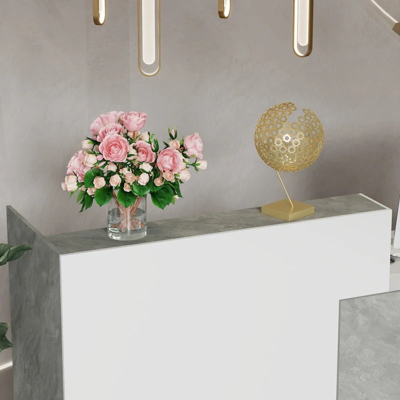 White Marble Reception Desk with Computer Surface and Storage Shelves