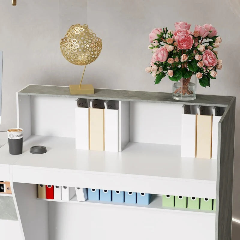 White Marble Reception Desk with Computer Surface and Storage Shelves