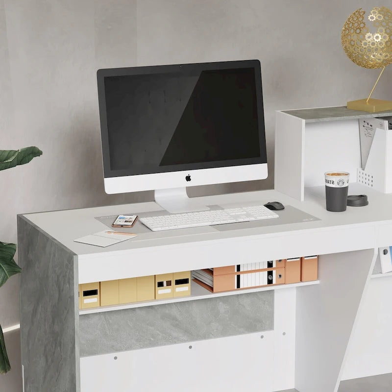 White Marble Reception Desk with Computer Surface and Storage Shelves