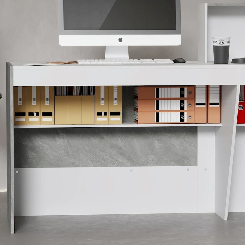 White Marble Reception Desk with Computer Surface and Storage Shelves
