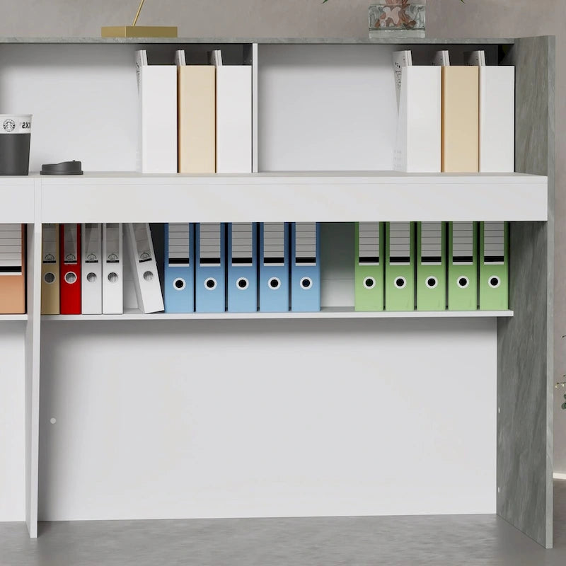 White Marble Reception Desk with Computer Surface and Storage Shelves