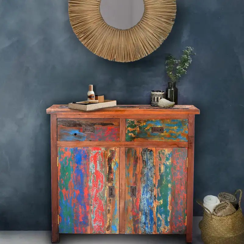 Reclaimed Teak Wood Storage Cabinet Multicolor Painted Natural Finish