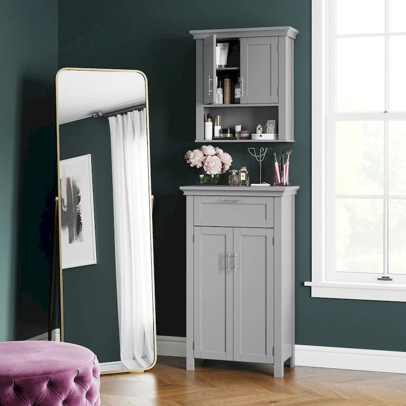 Gray Two-Door Storage Cabinet with Drawer and Adjustable Shelves