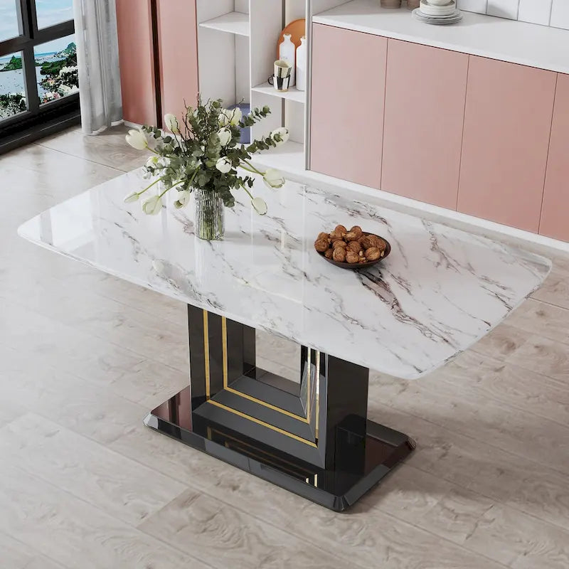 Dining table. White imitation marble pattern desktop. Black MDF table legs with gold lines and black base