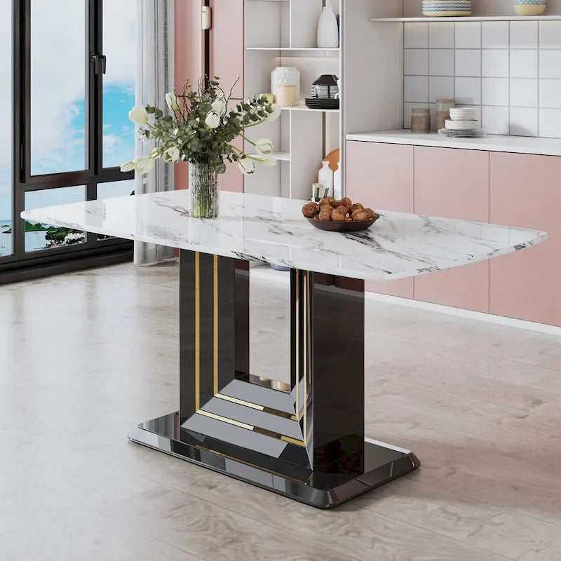 Marble Top Dining Table with Black Gold Accent Pedestal Base