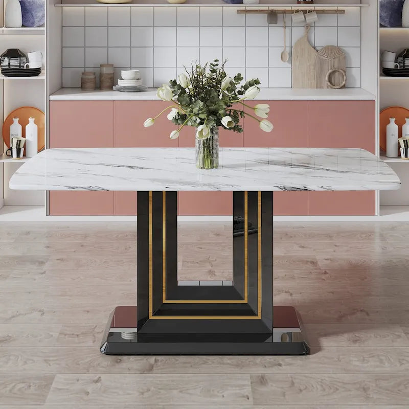 Marble Top Dining Table with Black Gold Accent Pedestal Base