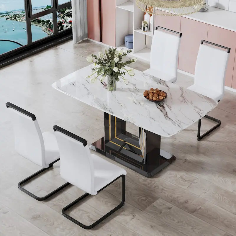 Marble Top Dining Table with Black Gold Accent Pedestal Base