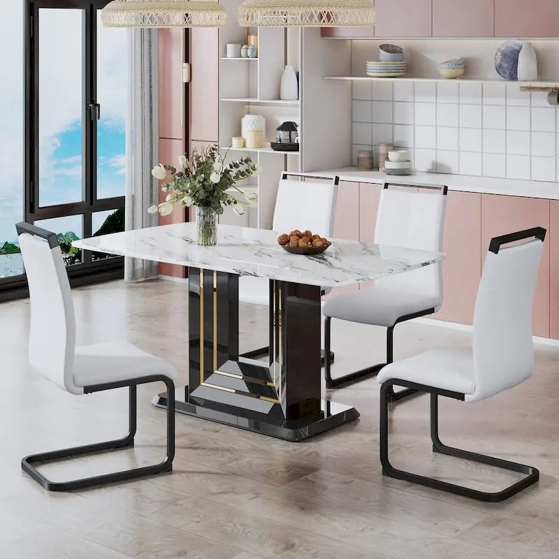 Marble Top Dining Table with Black Gold Accent Pedestal Base