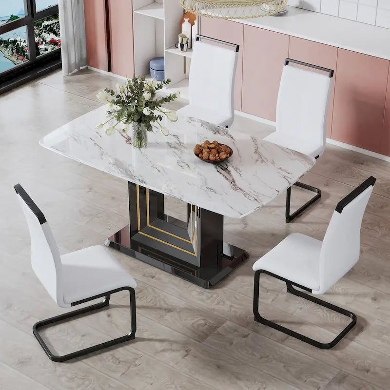 Marble Top Dining Table with Black Gold Accent Pedestal Base