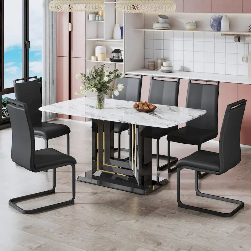 Marble Top Dining Table with Black Gold Accent Pedestal Base
