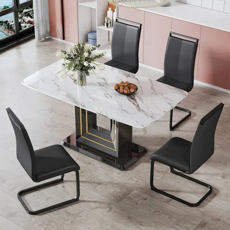 Marble Top Dining Table with Black Gold Accent Pedestal Base