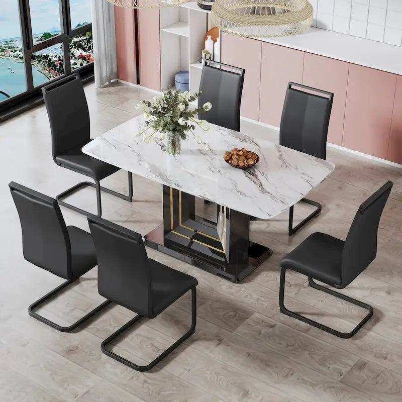 Marble Top Dining Table with Black Gold Accent Pedestal Base