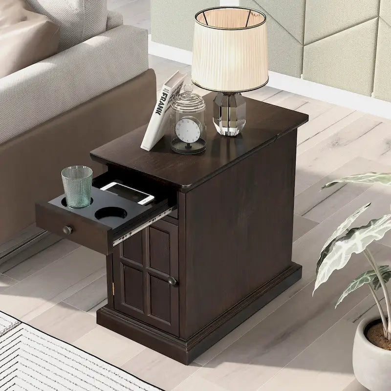 Vintage Wood End Table with USB Port Drawer Cup Holders Storage Cabinet