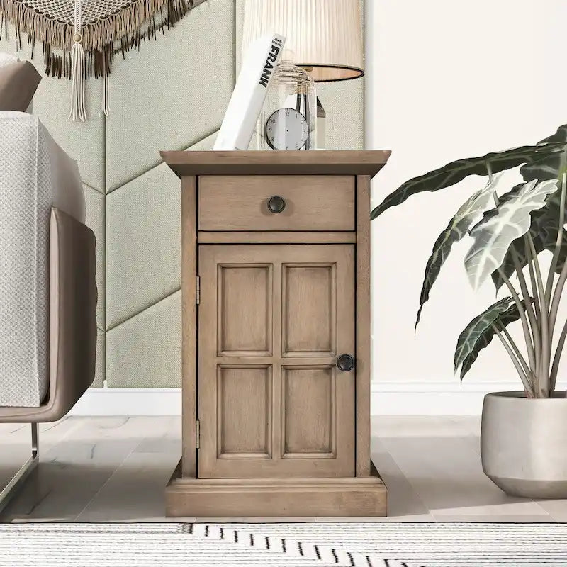 Vintage Wood End Table with USB Port Drawer Cup Holders Storage Cabinet