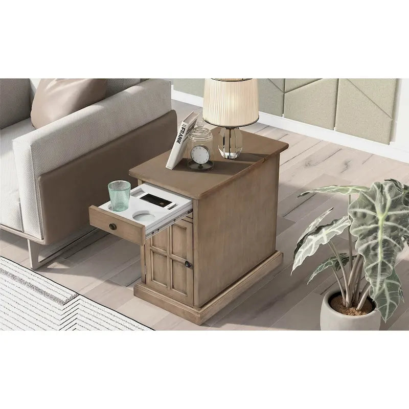 Vintage Wood End Table with USB Port Drawer Cup Holders Storage Cabinet