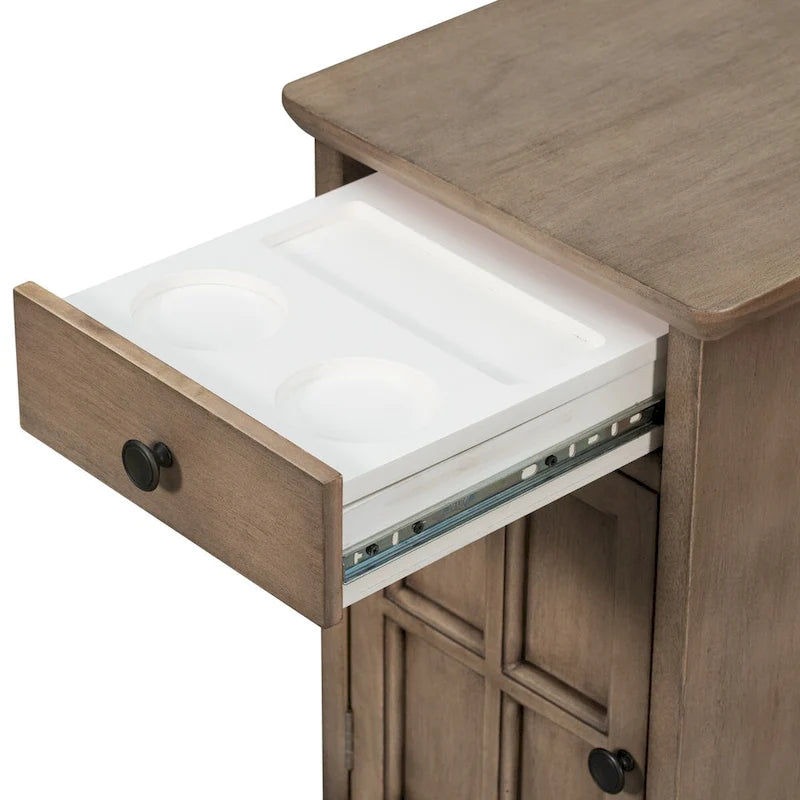 Vintage Wood End Table with USB Port Drawer Cup Holders Storage Cabinet