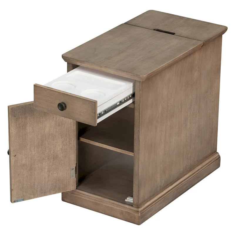 Vintage Wood End Table with USB Port Drawer Cup Holders Storage Cabinet