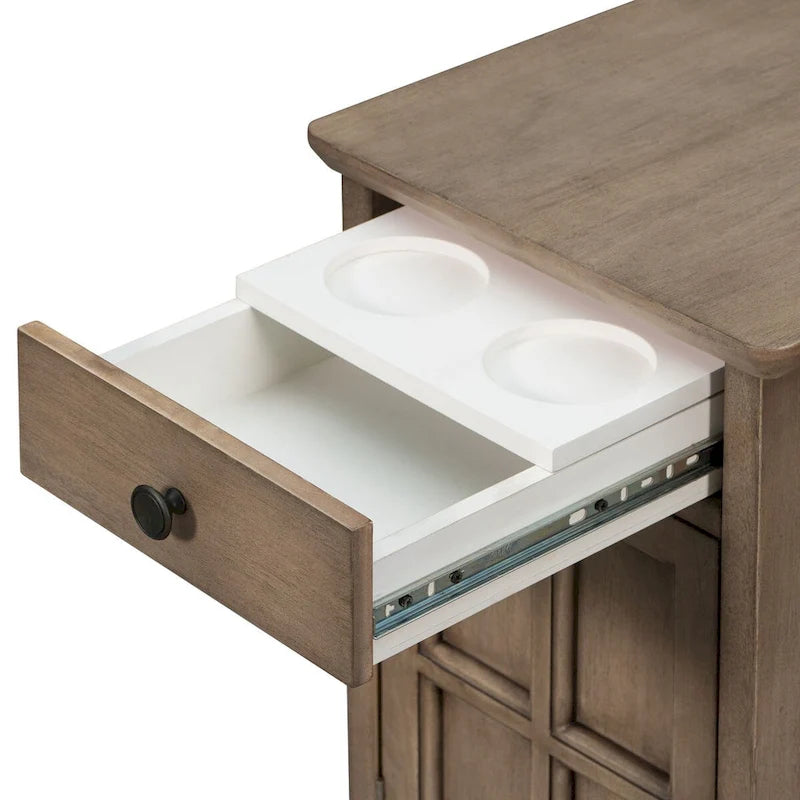 Vintage Wood End Table with USB Port Drawer Cup Holders Storage Cabinet