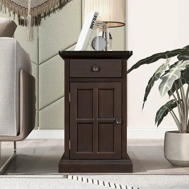Vintage Wood End Table with USB Port Drawer Cup Holders Storage Cabinet