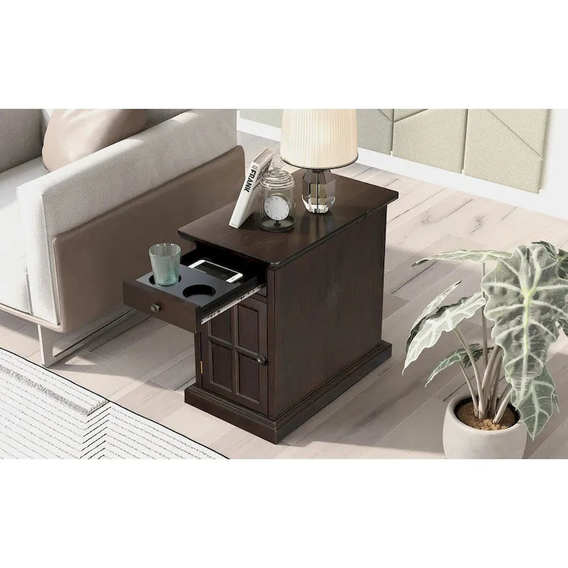 Vintage Wood End Table with USB Port Drawer Cup Holders Storage Cabinet