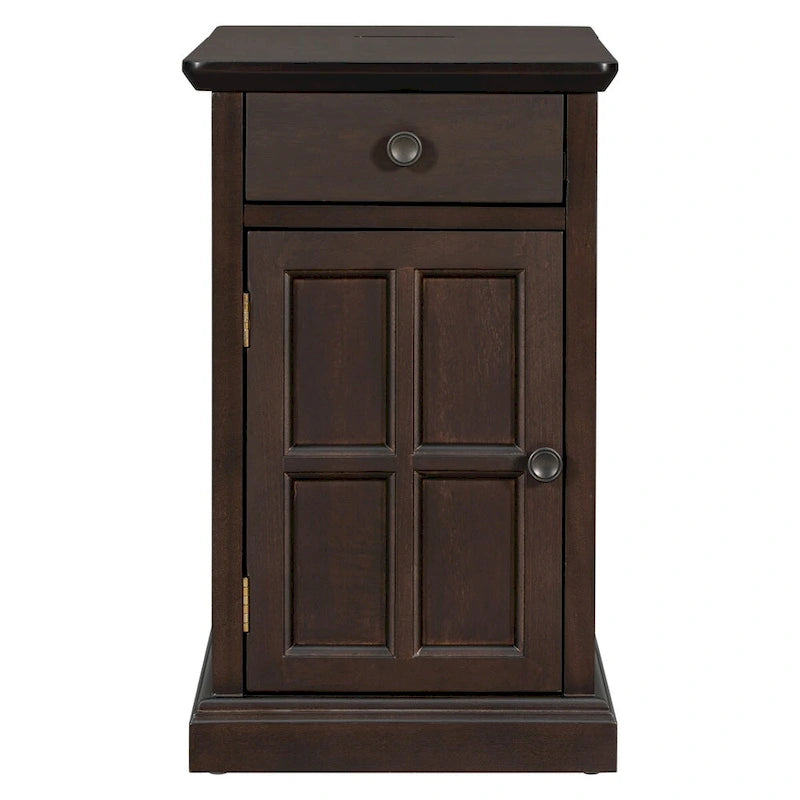 Vintage Wood End Table with USB Port Drawer Cup Holders Storage Cabinet