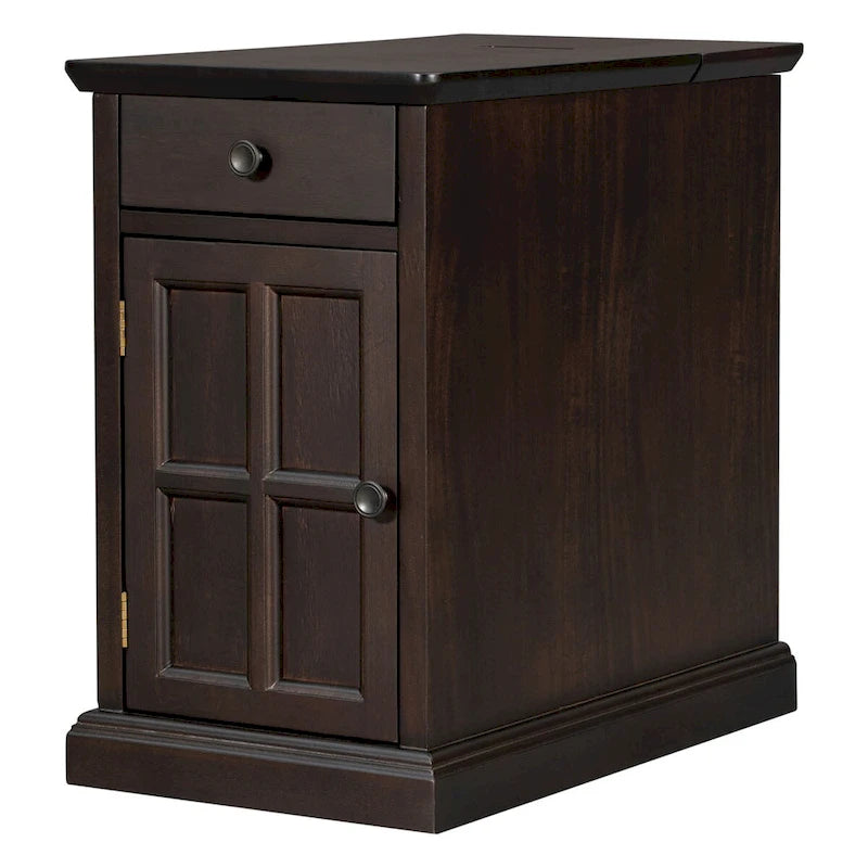 Vintage Wood End Table with USB Port Drawer Cup Holders Storage Cabinet