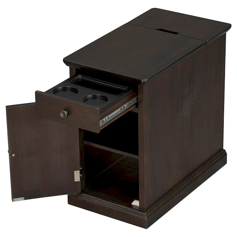 Vintage Wood End Table with USB Port Drawer Cup Holders Storage Cabinet