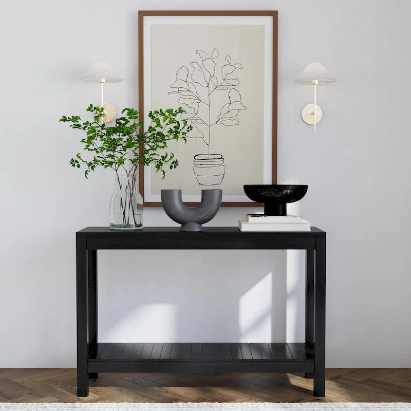Black Solid Wood Console Table with Open Bottom Shelf, Modern Farmhouse Style