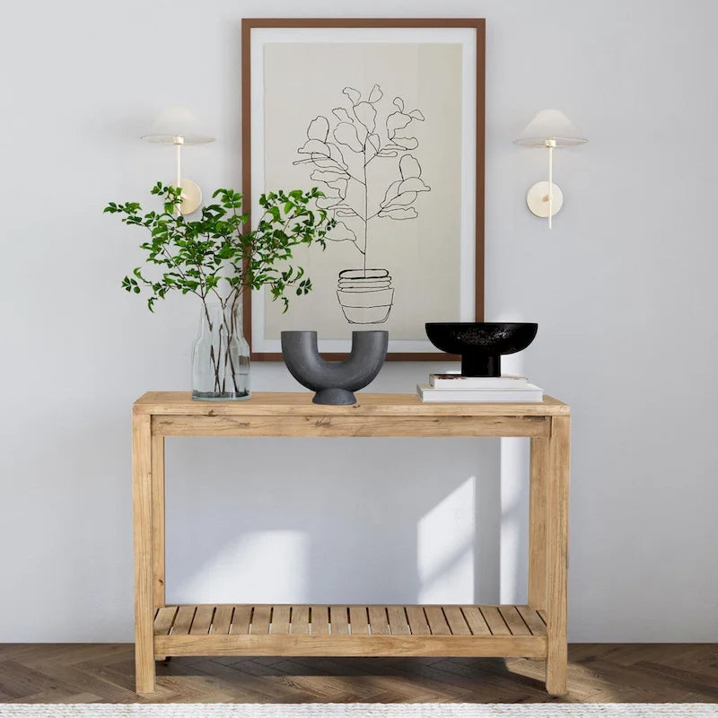 Black Solid Wood Console Table with Open Bottom Shelf, Modern Farmhouse Style